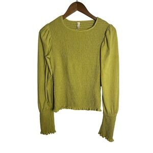SM Anthropologie Smocked Puff Sleeve Top Ruched Green Texture Blouse Cottage